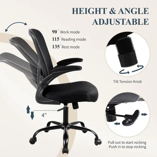 Vista 8 de Flysky Silla ergonómica de escritorio para oficina en casa, soporte lumbar, silla giratoria de malla transpirable para computadora con ruedas y Negro