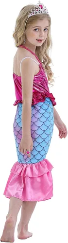 Vista 2 de HenzWorld Mermaid Princess Costume Dress up Outfit Birthday Party Spaghetti Strap Fish Skirt Accessories Jewelry Pink