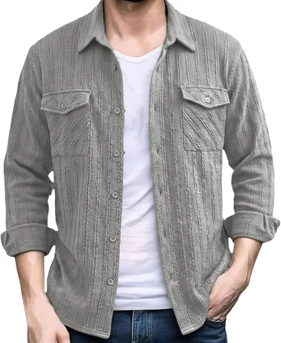 Vista 20 de Camisas con botones para hombre, casual, de manga larga, con cuello jacquard, texturizada, ligera, sobrecamisa, sobrecamisa