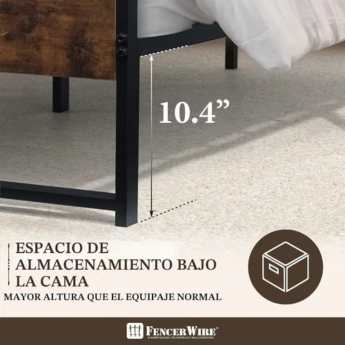 Vista 4 de Fencer Wire Base de cama de metal con cabecera y estribo de madera modernos, base de colchón, plataforma de metal con marco de acero, sin ruido,