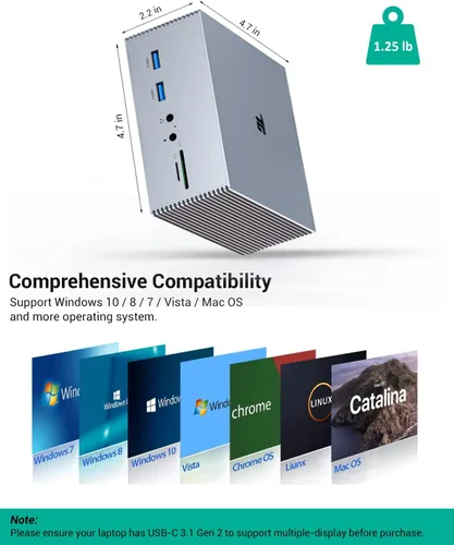 Vista 7 de Estación de acoplamiento USB-C con HDMI y DP 4K duales, 6 puertos USB, ranuras para tarjetas SD/TF, carga USB-C PD de 60 W, pantalla triple