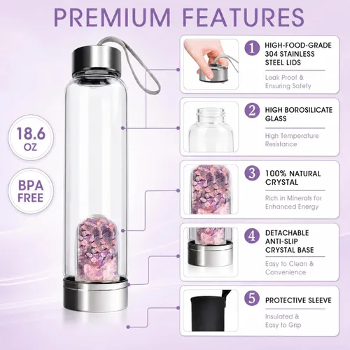 Vista 3 de ChezMax Botella de agua en cristal con centro de cristal natural intercambiable 18.6Oz, Natural Quartz Gemstone, Juice Container with Lid Sleeve