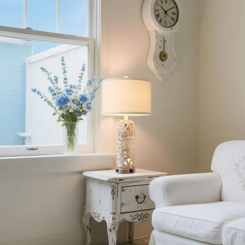Vista 5 de Lámparas de mesa rústicas para sala de estar y dormitorio Lámpara de noche vintage con doble puerto USB, lámparas retro de resina blanca antigua
