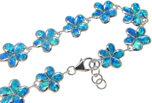 Vista 2 de Arthur's Jewelry Pulsera de flor de plumeria hawaiana con incrustaciones de plata de ley 925 ópalo azul sintético de 0.394 in +, Ópalo fabricado