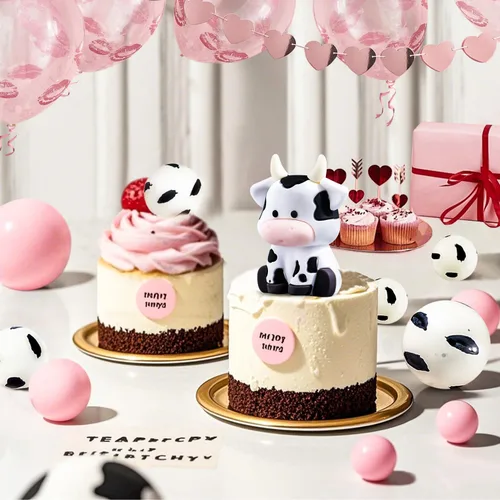 Vista 3 de Paquete de 12 adornos para tartas de vaca, linda figura de animales de granja con bolas, feliz cumpleaños para baby shower, niños, fiesta