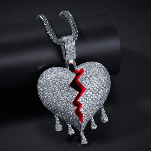 Vista 4 de Kmasal Jewelry Hip Hop Iced Out Broke Heart Chain Bling colgante chapado en oro de 18 quilates collar para hombres y mujeres, latín, 0, Plateado