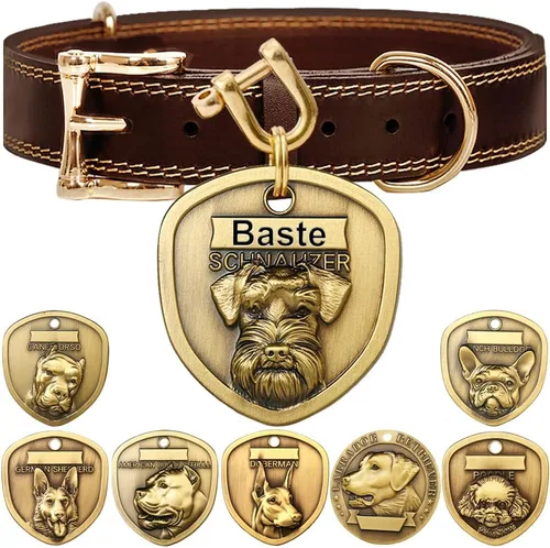 Vista 27 de Collar de cuero auténtico para perro + Juego de etiqueta para perro bulldog con relieve 3D (XS-S)