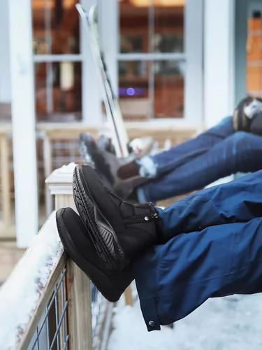 Vista 5 de TEMOFON Botas de nieve de invierno para mujer botas anchas con forro de piel cálida con forro de piel negra, cómodas botas planas para caminar al