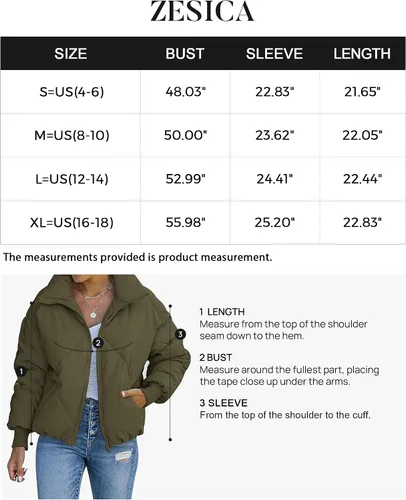Vista 6 de ZESICA Chaqueta acolchada de invierno para mujer, manga larga, con cremallera, acolchada y con bolsillos