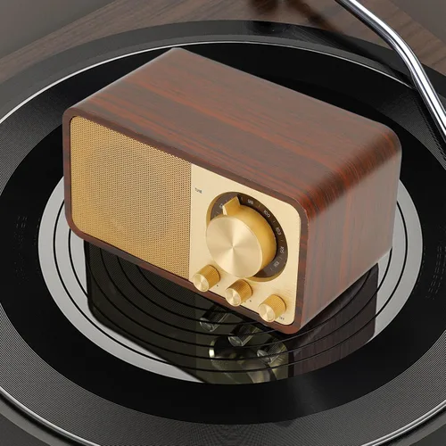 Vista 7 de Altavoz BT de madera retro vintage, radio AM FM portátil recargable con reproducción AUX/USB/TF, radio retro recargable para cafeterías