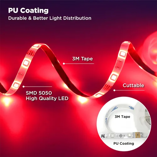 Vista 4 de Tira de luces LED, tira de luz RGB de 16.4 pies con control remoto y fuente de alimentación, revestimiento de poliuretano, adaptador ETL de 12 V CC