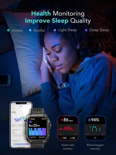 Vista 8 de SKG Reloj inteligente para hombres y mujeres, reloj inteligente militar de 1.8 pulgadas para Android iPhone con Alexa integrado, IP68 impermeable