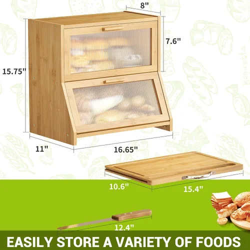 Vista 7 de BMOSU Panera grande de doble capa con tabla de cortar para encimera de cocina, panera con ventana de vidrio esmerilado de bambú (natural)