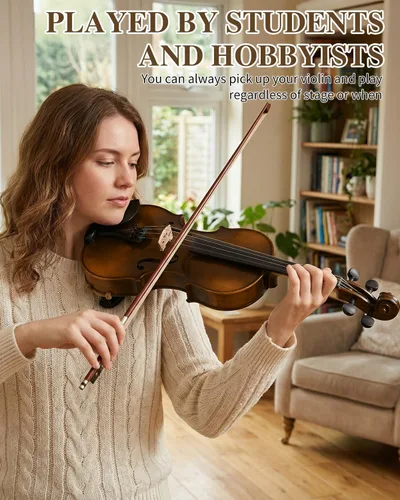 Vista 6 de Ktaxon Violín 4/4 para niños y adultos, violín de madera maciza de tamaño completo, violín acústico con estuche portátil y accesorios - Madera