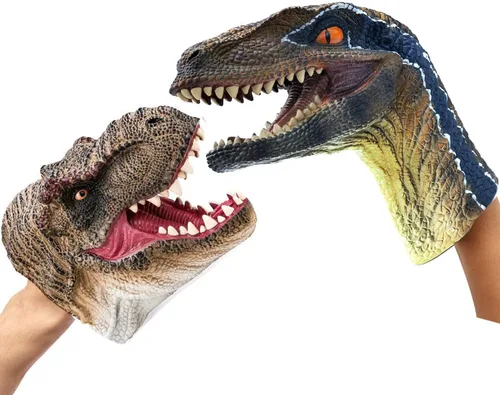 Vista 6 de Juguetes de dinosaurio, tiranosaurio Rex y velociraptor azul, marionetas de mano, juego de figuras de acción del mundo de dinosaurio, divertido