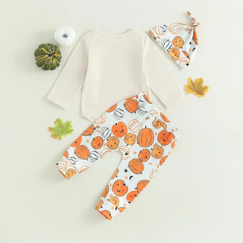 Vista 3 de FIOMVA My First Halloween Outfits Recién Nacido Bebé Niña Niño Calabaza Enterizo Enterizo + Pantalones Largos Sombrero Conjunto Lindo Otoño Invierno