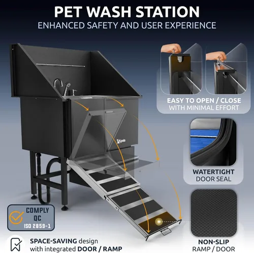 Vista 4 de KANIS Estación profesional de lavado de perros – Fregadero de lavado de mascotas de acero inoxidable 304 y bañera de aseo con ducha, rejillas
