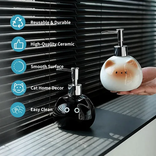 Vista 5 de Dispensador de jabón de cerámica para gatos con bomba de acero inoxidable, perfecto para jabón de platos, jabón líquido, dispensador de jabón