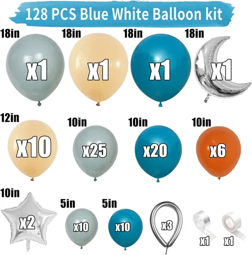 Vista 2 de Kit de arco de globos azules y naranjas, kit de guirnalda de arco de globos espaciales con globos plateados metálicos, globos de látex azul marino