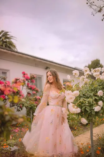 Vista 3 de Qgeno - Vestido de tul con bordado de flores y hombros descubiertos, vestidos de fiesta de noche formales con mangas abullonadas