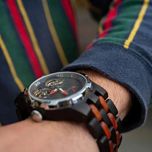 Vista 7 de Wilds Reloj de madera para hombre con esfera transparente de doble ruedas