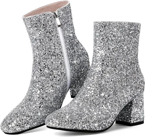 Vista 2 de MAVMAX Botines brillantes con lentejuelas para mujer, tacones gruesos, botines brillantes