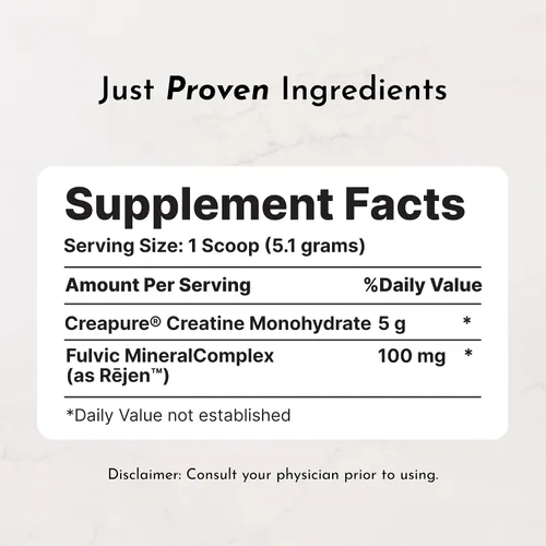 Vista 2 de JUST INGREDIENTS Polvo de Monohidrato de Creatina con Complejo Mineral Fúlvico Rejen - Apoya la Recuperación Muscular, Energía, Fuerza, Función