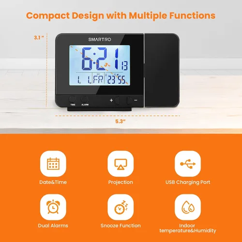 Vista 2 de SMARTRO - Reloj despertador digital de proyección para dormitorios con termómetro interior higrómetro, cargador USB, proyector de mesita de noche