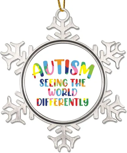 Vista 11 de Adornos únicos a veces para árbol de Navidad, apoyo para autismo, decoración de Navidad, conciencia de autismo, adorno de copo de nieve de metal
