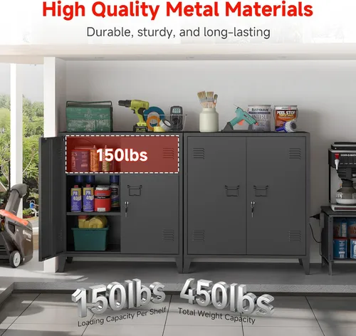Vista 3 de Armario de almacenamiento de metal de 35.4 pulgadas de alto con 2 estantes y puertas ajustables, armario de almacenamiento de garaje con cerradura