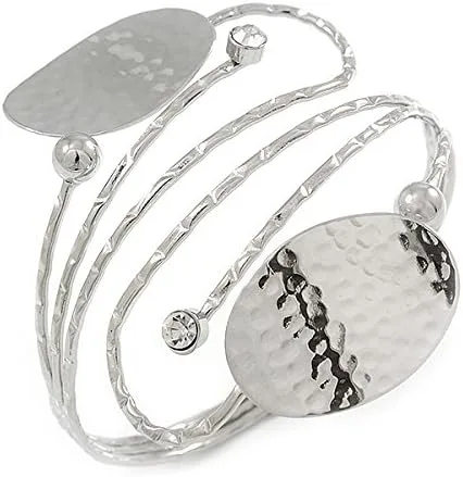 Vista 3 de Brazalete con hoja ovalada martillada chapada en plata, ajustable, Cristal, Sin gemas.