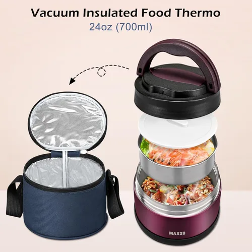 Vista 2 de MAXSO Termo de sopa para comida caliente, contenedor de almuerzo aislado al vacío de 24 onzas con cuchara plegable y bolsa térmica, caja Bento
