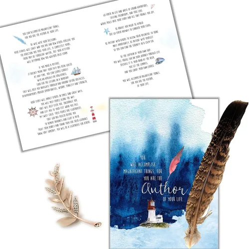 Vista 2 de Smiling Wisdom - Tarjeta de felicitación de Quill You are the Author of Your Life y juego de regalo de sabiduría de sentimiento de plumas, nuevo