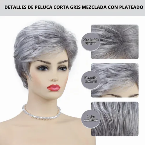 Vista 2 de Pelucas cortas gris plateadas para mujeres blancas, pelucas sintéticas con corte pixie natural y a capas con flequillo, peluca corta de pelo gris
