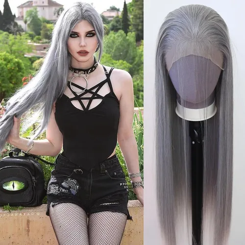 Vista 15 de 99J Peluca larga y lisa 99J color borgoña sintética con encaje frontal, predesfilada con línea de cabello natural para mujeres de moda, cabello