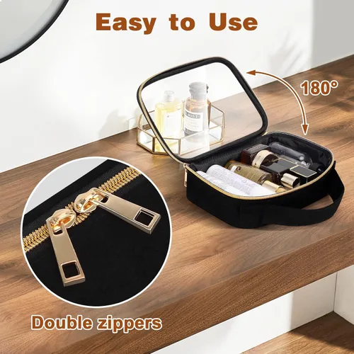 Vista 4 de Bolsa de aseo transparente Wedama, paquete de 2 bolsas de maquillaje transparentes con asas, bolsas cosméticas de PVC para mujeres y hombres, bolsas