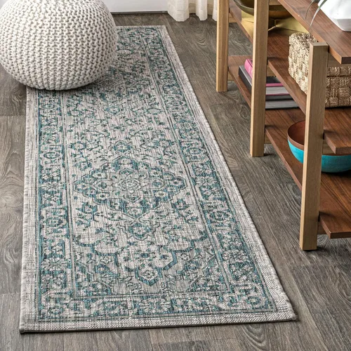 Vista 15 de JONATHAN Y Alfombra bohemia con medallón para interiores y exteriores, 2 x 8 pies, color gris/negro, tejido texturizado Rozetta para patio trasero