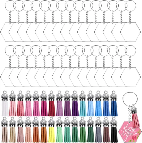 Vista 10 de Vilihkc - Juego de 120 llaveros acrílicos en blanco, incluye 30 piezas de acrílico en blanco, 30 borlas, 30 llaveros y 30 anillos de salto