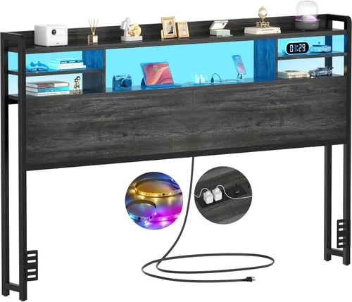 Vista 9 de Aheaplus Cabecero para cama de tamaño individual con almacenamiento, cabeceros con luz LED, tomas de corriente, puertos USB, tamaño individual