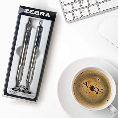 Vista 4 de Zebra Pen M/F 701 - Juego de lápices mecánicos y bolígrafos de acero inoxidable, punta fina, plomo HB y tinta negra, ideal para uso táctico, juego
