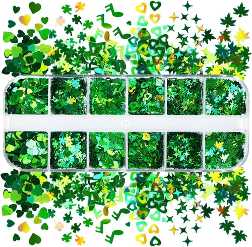 Vista 6 de 12 rejillas para el Día de San Patricio para uñas con purpurina y lentejuelas holográficas 3D trébol verde trébol para uñas con purpurina de corazón