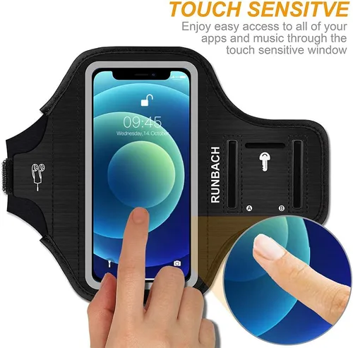 Vista 3 de Brazalete para iPhone 13 Mini/12 Mini/11 Pro/iPhone X/XS, bolsa de gimnasio con ranura para tarjetas (negro)