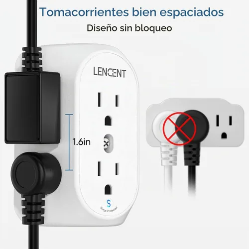 Vista 3 de LENCENT Regleta de alimentación con protector de sobretensiones de 2 clavijas, adaptador de toma de tierra de 2 clavijas a 3 puntas, toma