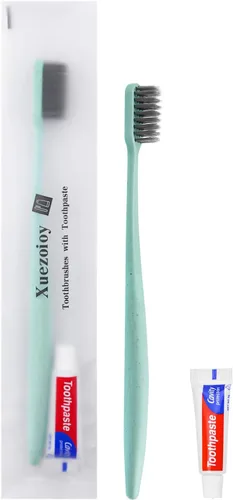 Vista 7 de Cepillos de dientes desechables con pasta de dientes, paquete de 30 cepillos de dientes de viaje desechables verdes envueltos individualmente kit al