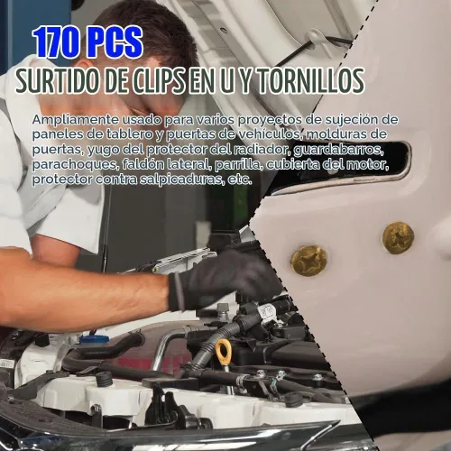 Vista 6 de Kit surtido de 170 tornillos y clips automotrices, kit surtido de clips en U y tornillos para automóvil, 9 tamaños diferentes para tuercas