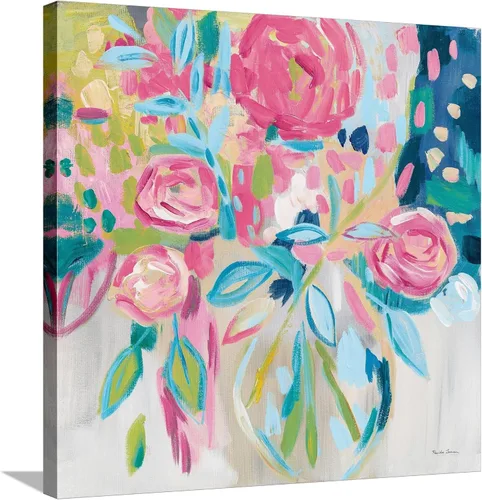 Vista 17 de ART.COM Farida Zaman - Lienzo enmarcado para pared, diseño floral rosa de verano, decoración botánica, 16 x 16 pulgadas, marco negro con paspartú