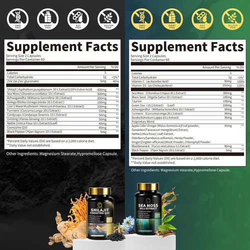 Vista 2 de Shilajit para hombres, paquete de musgo marino y shilajit, suplementos todo en 1 con coenzima Q10, semilla negra, ashwagandha, taurina, bardana