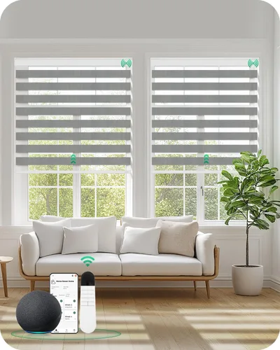 Vista 11 de Allesin Persianas motorizadas de cebra con control remoto, persianas eléctricas de doble capa con batería seca, persiana horizontal inteligente
