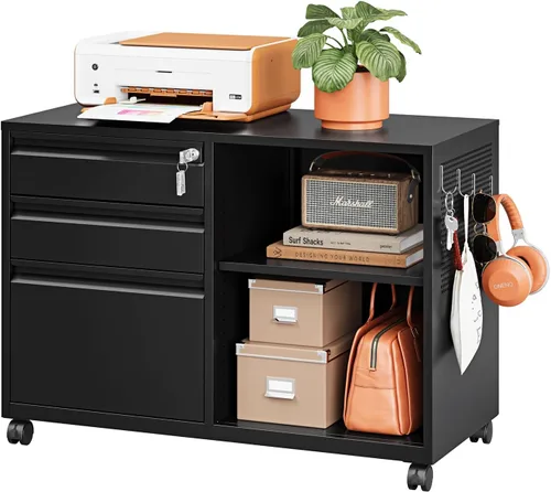 Vista 27 de Archivador de metal con 2 cajones con cerradura, gabinete archivador con soporte para impresora móvil y estantes para archivos de tamaño Negro