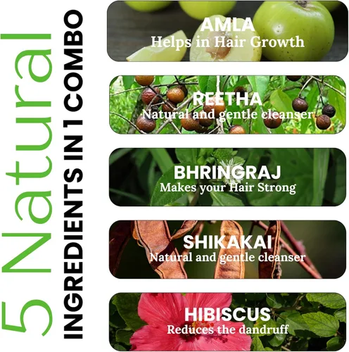 Vista 4 de Havintha Amla, Reetha, Shikakai, Bhringraj e Hibiscus en polvo para el cuidado del cabello (cada uno 1.76 oz)
